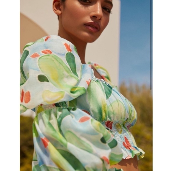 Charo Ruiz Ibiza Brisa Top NWT XS Long Sleeve Cropped Puff sleeve New Green Blue - Picture 13 of 15